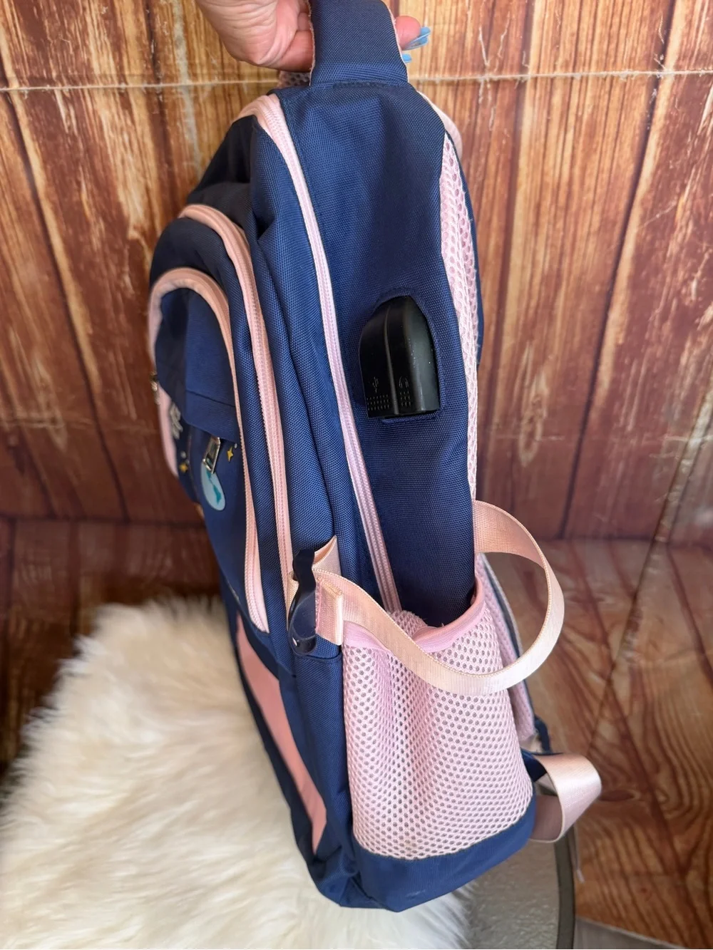 Kids Space Astronaut Backpack Navy Blue Pink USB Port School Travel Bag